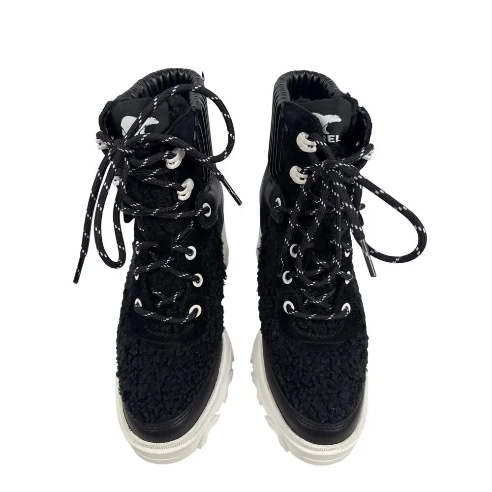 Sorel Brex‎ Heel Cozy Lace Bootie Womens 6.5 Black Leather Faux Shearling